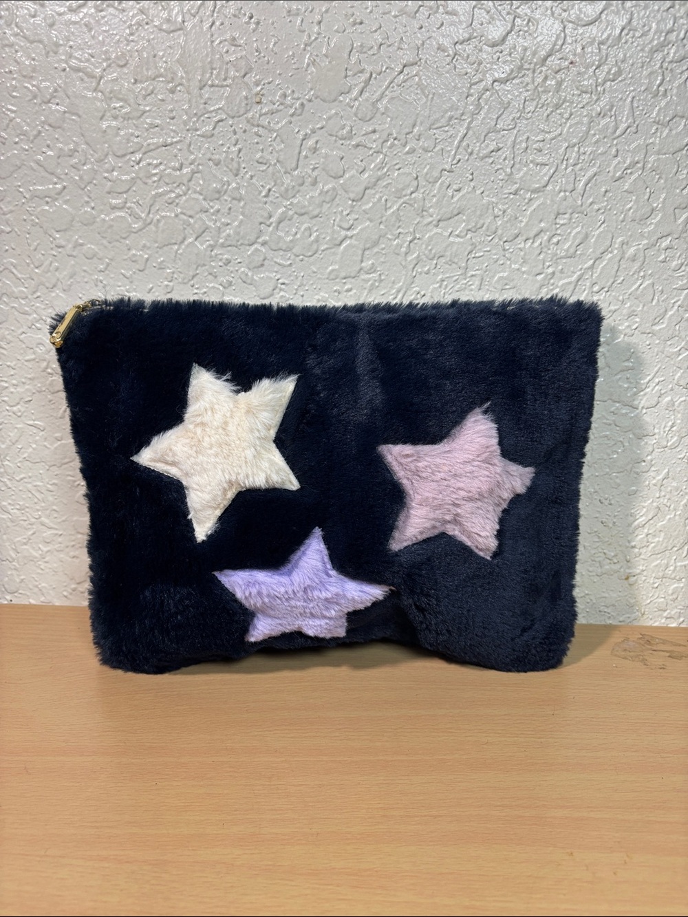 Black Faux Fur Star Zip Pouch with Pastel Stars